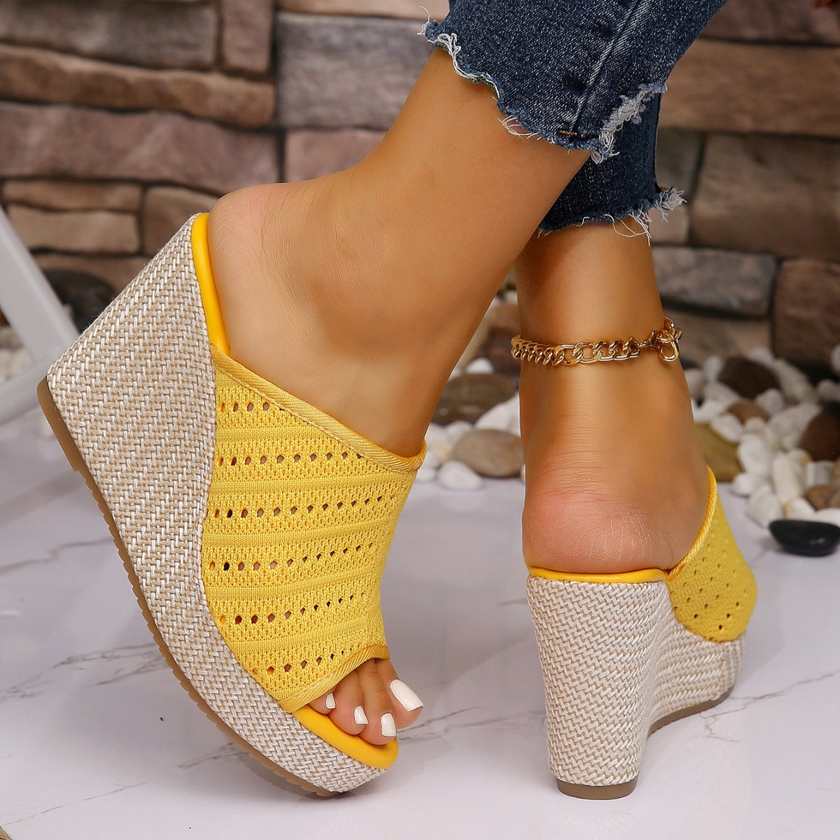 Women's mesh open toe wedge sandals with high heels and stylish design, featuring comfortable straps and trendy details.