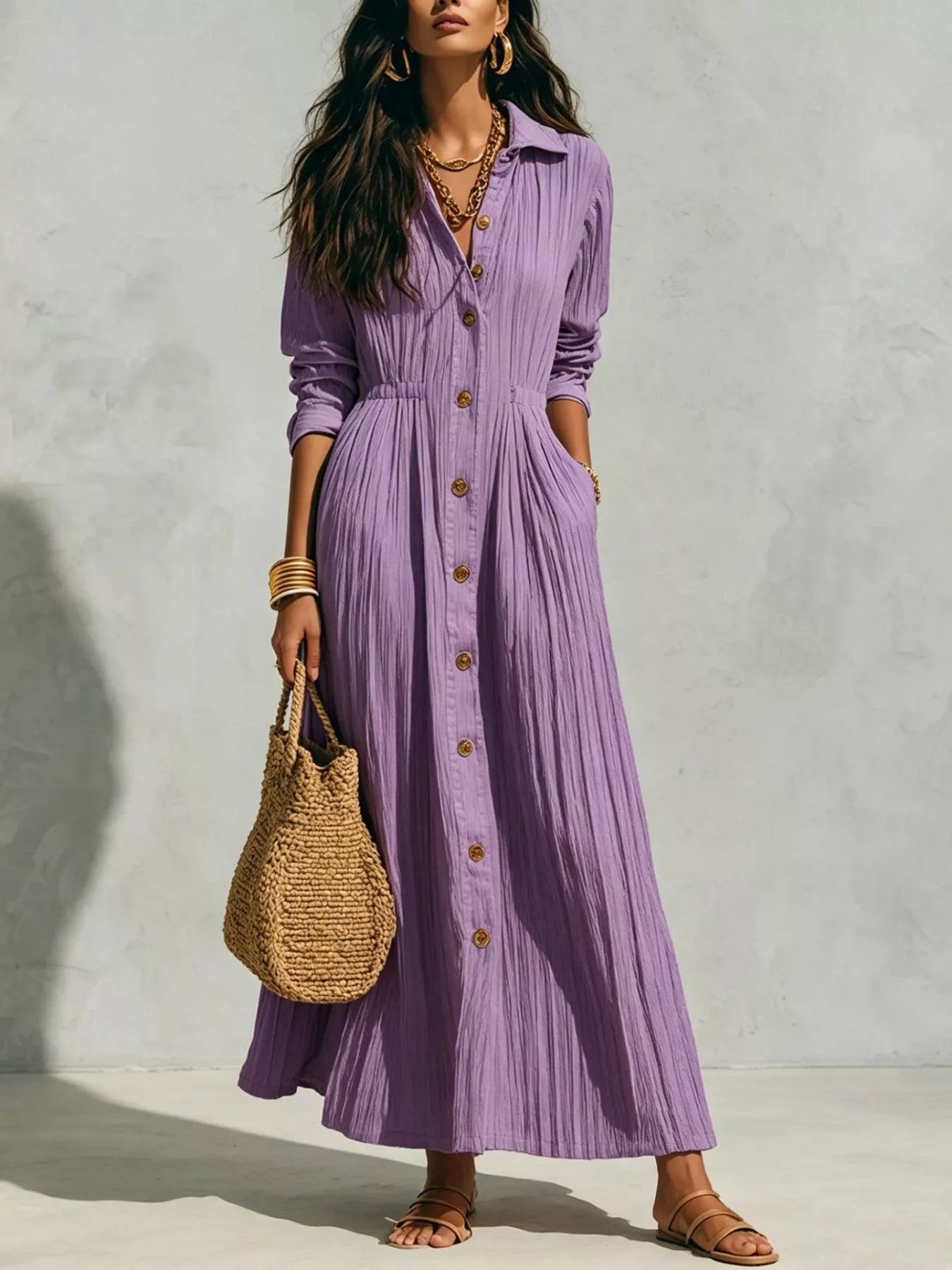 Plus size textured long sleeve maxi dress with button front from Trendsi, shown in full length on a model.
