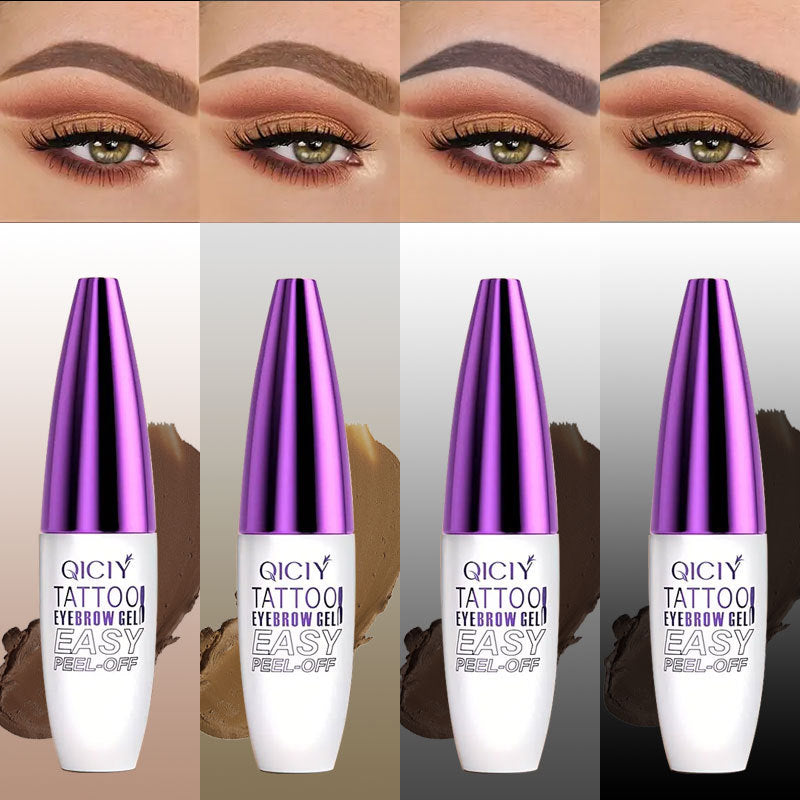 Four white QICIY peel-off eyebrow gel tubes with purple caps, showing swatches and application on four eyebrows.