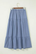 Elastic Waist Ruffled Tiered Flared Denim Maxi Skirt