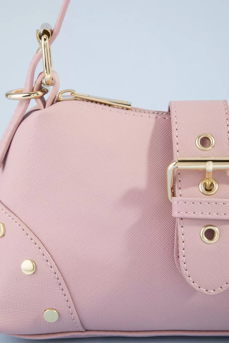 Fame studded saffiano buckle strap shoulder bag with metallic hardware and textured finish, stylish accessory by Shopimist