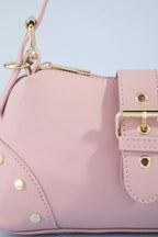 Fame studded saffiano buckle strap shoulder bag with metallic hardware and textured finish, stylish accessory by Shopimist