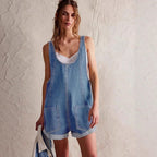 Women's loose denim overall shorts by FitiqueFit, featuring a relaxed fit, bib design, and summer streetwear style.
