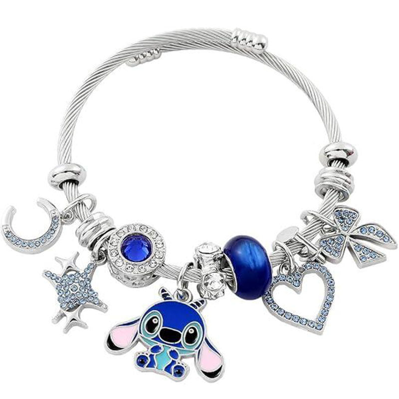 Silver cable bracelet with blue and crystal charms, including Stitch, a heart, star, and bow.