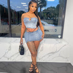 Women's Western Style Denim Dress Set Sexy Strapless Denim Top with Slit Mini Skirt