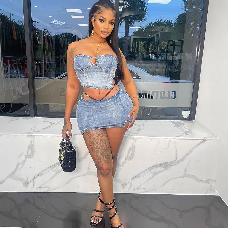 Women's Western Style Denim Dress Set Sexy Strapless Denim Top with Slit Mini Skirt