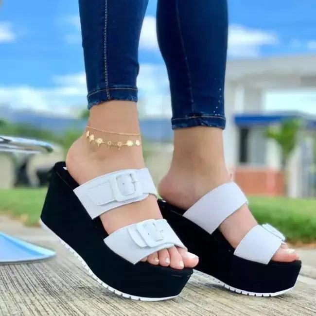 Women wedge heel platform slippers with belt buckle, trendy open-toe sandals from Trendy Attic Store01, perfect for casual wear.