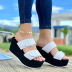 Women wedge heel platform slippers with belt buckle, trendy open-toe sandals from Trendy Attic Store01, perfect for casual wear.