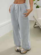 Simply Love casual high waist wide leg sweatpants with drawstring, comfortable relaxed fit and soft fabric in neutral color.