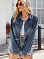 VYSN denim jacket with long sleeves, button-up front, and front pockets, stylish clothing for casual wear.