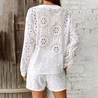 Women's solid color elegant V-neck lace blouse and matching shorts set by FitiqueFit, featuring long sleeves and casual style.