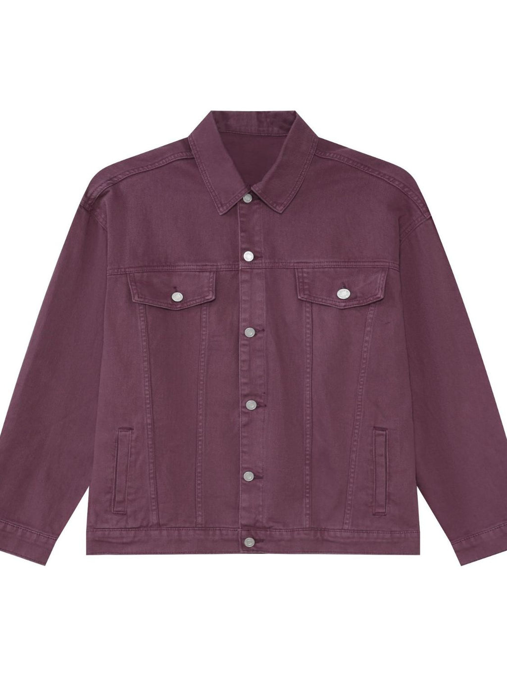 Men's VYSN denim jacket with dropped shoulders and button-up front, casual and stylish clothing for men.