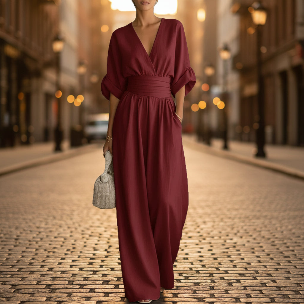 Women's V-neck wide-leg jumpsuit by FitiqueFit with high waist and pleats, available in 11 colors, size S to 5XL.