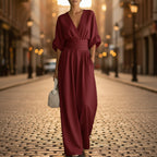 Women's V-neck wide-leg jumpsuit by FitiqueFit with high waist and pleats, available in 11 colors, size S to 5XL.