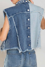 VYSN Pearl Raw Hem Sleeveless Denim Jacket, sleeveless denim outerwear with pearl embellishments and raw hem details, casual fashion style.