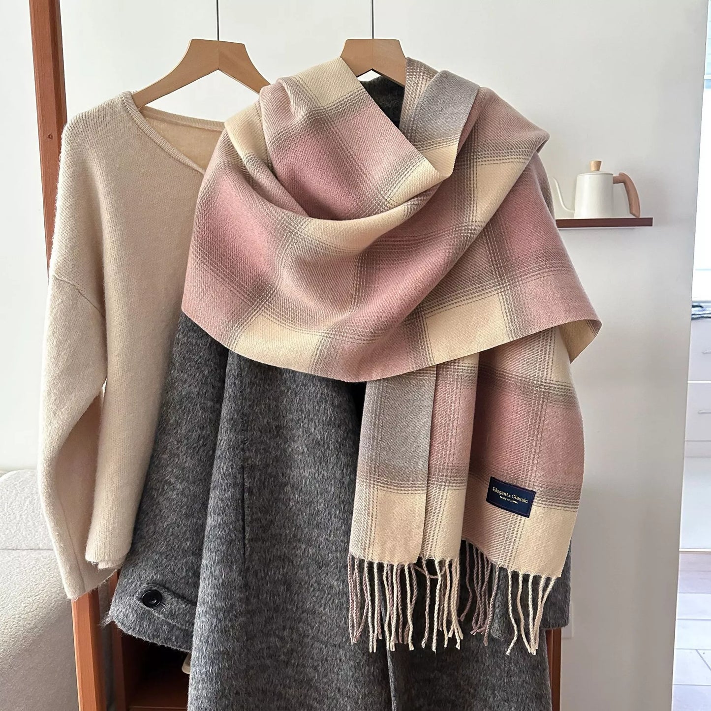 Simply Love plaid fringe scarf featuring a classic checkered pattern with tassel fringe for a cozy, stylish accessory.