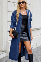 VYSN denim longline hooded outerwear with button-up long sleeves, stylish longline design, and hooded detail for casual fashion.