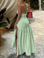 Halter neck ruched bodysuit and maxi skirt set by Shopimist, featuring a fitted bodysuit and flowy skirt in stylish design.