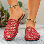 Women's woven net low heel sandals by Trendsi featuring comfortable PU leather straps and stylish dress shoe design