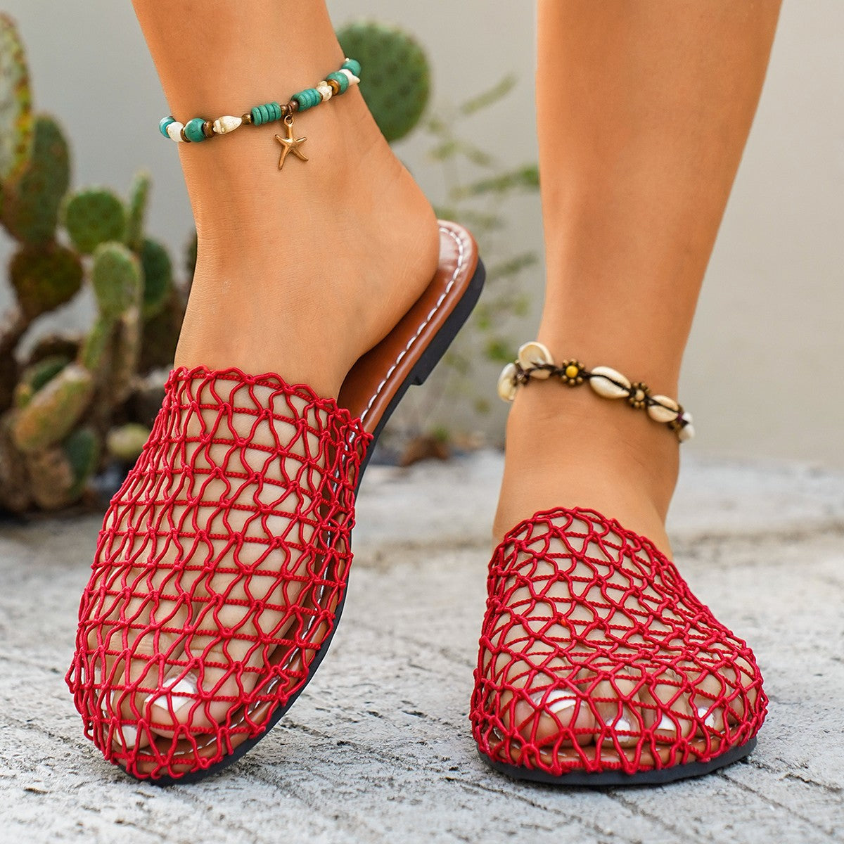 Women's woven net low heel sandals by Trendsi featuring comfortable PU leather straps and stylish dress shoe design