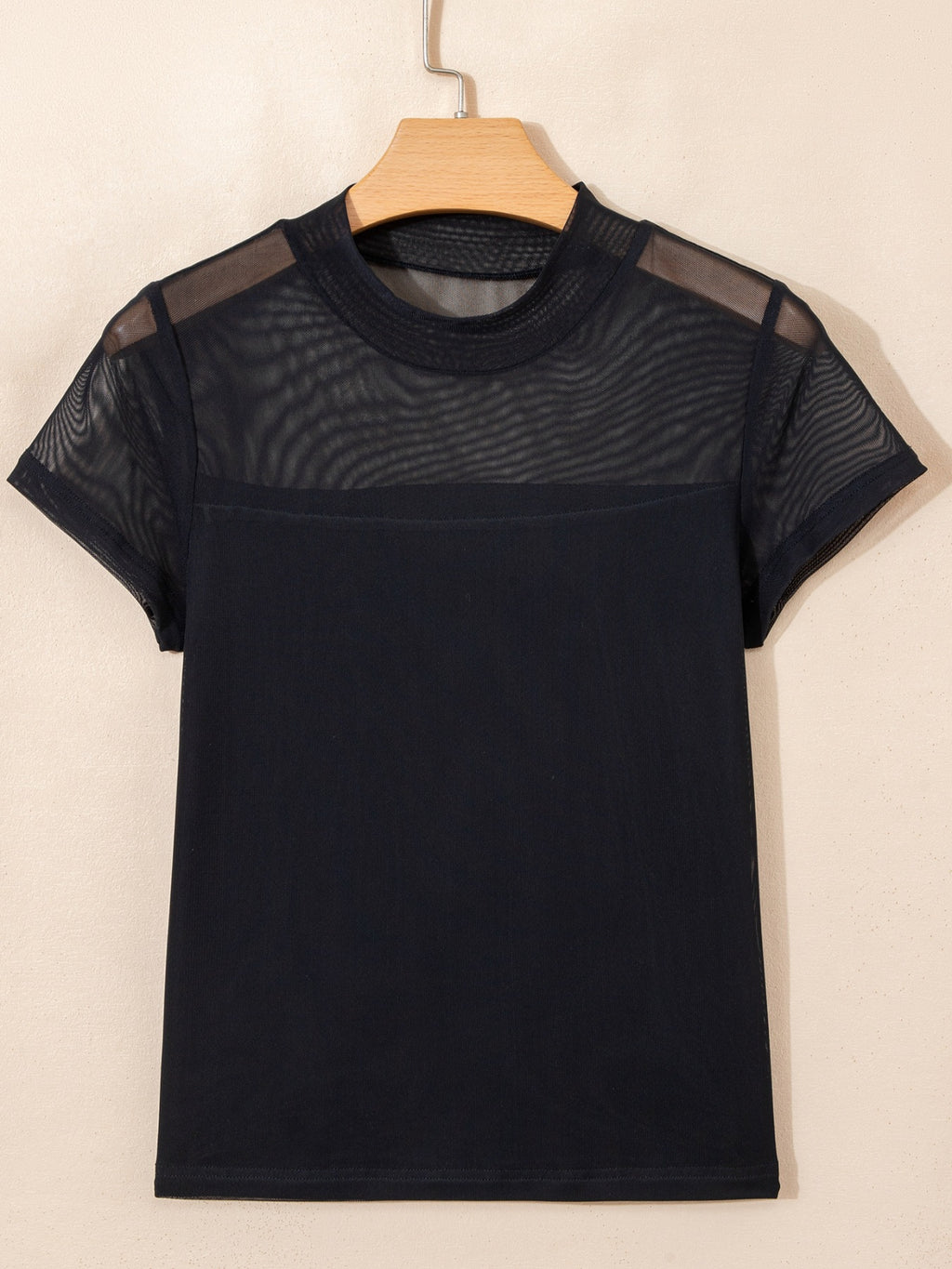 Women's sheer mesh patchwork cap sleeve t-shirt, elegant layering top by Plush Fashion Hub, shown with detailed fabric and cap sleeves.