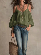 Cold shoulder balloon sleeve blouse by Shopimist featuring a stylish design with flowy sleeves and a comfortable fit.
