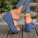 Denim wedge sandals with clear straps and open toe design by Shopimist, featuring a stylish casual look.