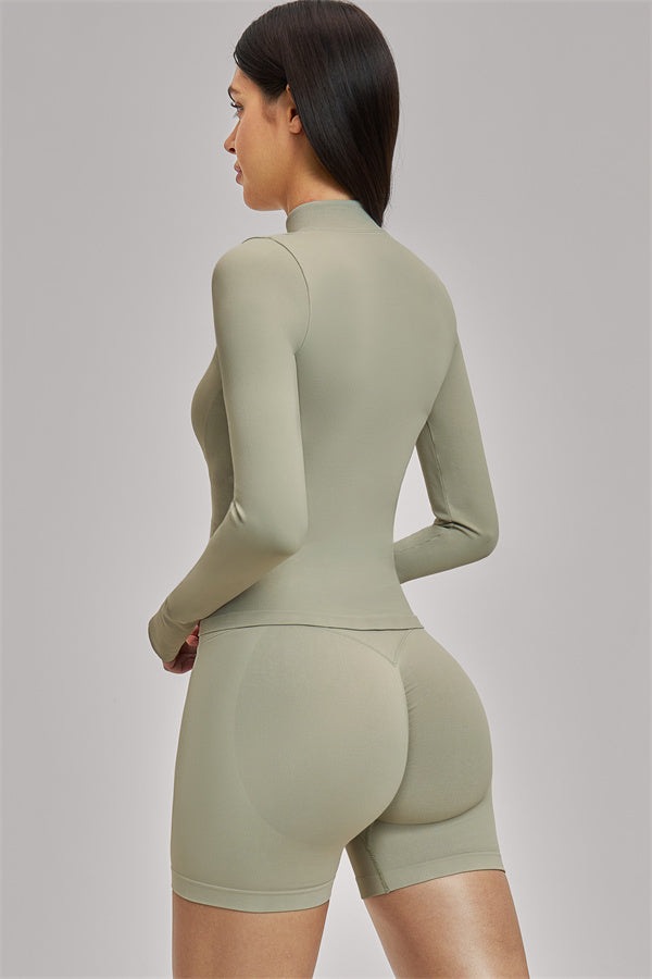 Fitglutes Activewear sports bra, jacket, and shorts 3-piece set for gym and workout, shown in a stylish fitness outfit.
