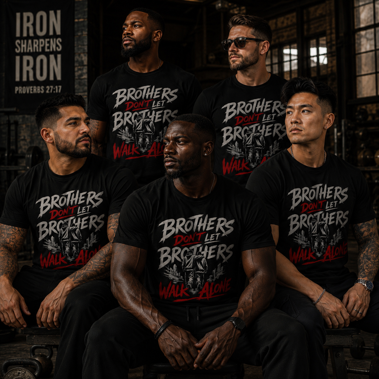 Wear Your Worship Brothers Don't Let Brothers Walk Alone T-Shirt with bold printed text on front, casual fit, black color.