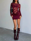 Lace sheer cutout back long sleeve ruched dress by Shopimist, featuring elegant design and fitted silhouette.