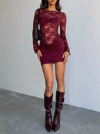 Lace sheer cutout back long sleeve ruched dress by Shopimist, featuring elegant design and fitted silhouette.
