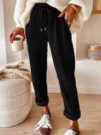 Simply Love casual corduroy drawstring waist pants with rings, featuring a relaxed fit and textured fabric in a stylish design.