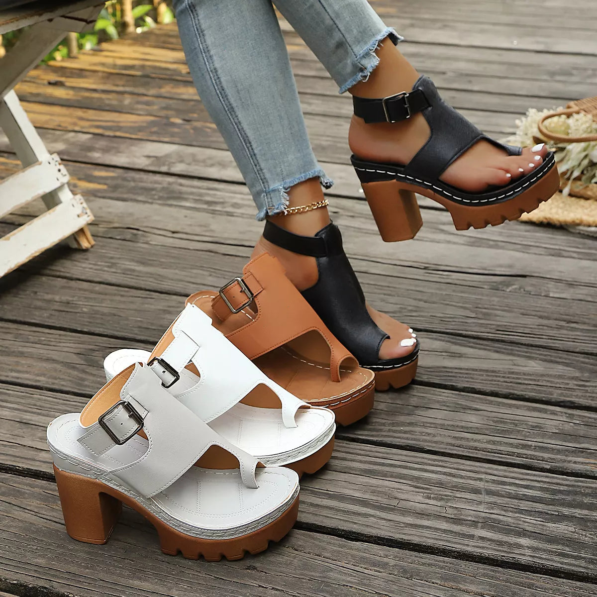 Plush Fashion Hub toe loop block heels sandals with open toe design and chunky heel, stylish footwear for women.