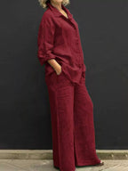 Plus size long sleeve shirt and pants set by Shopimist, featuring a comfortable, full-length design in a casual style.
