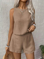 Shopimist round neck tank top and shorts two-piece set, casual summer outfit with comfortable fabric and stylish design.