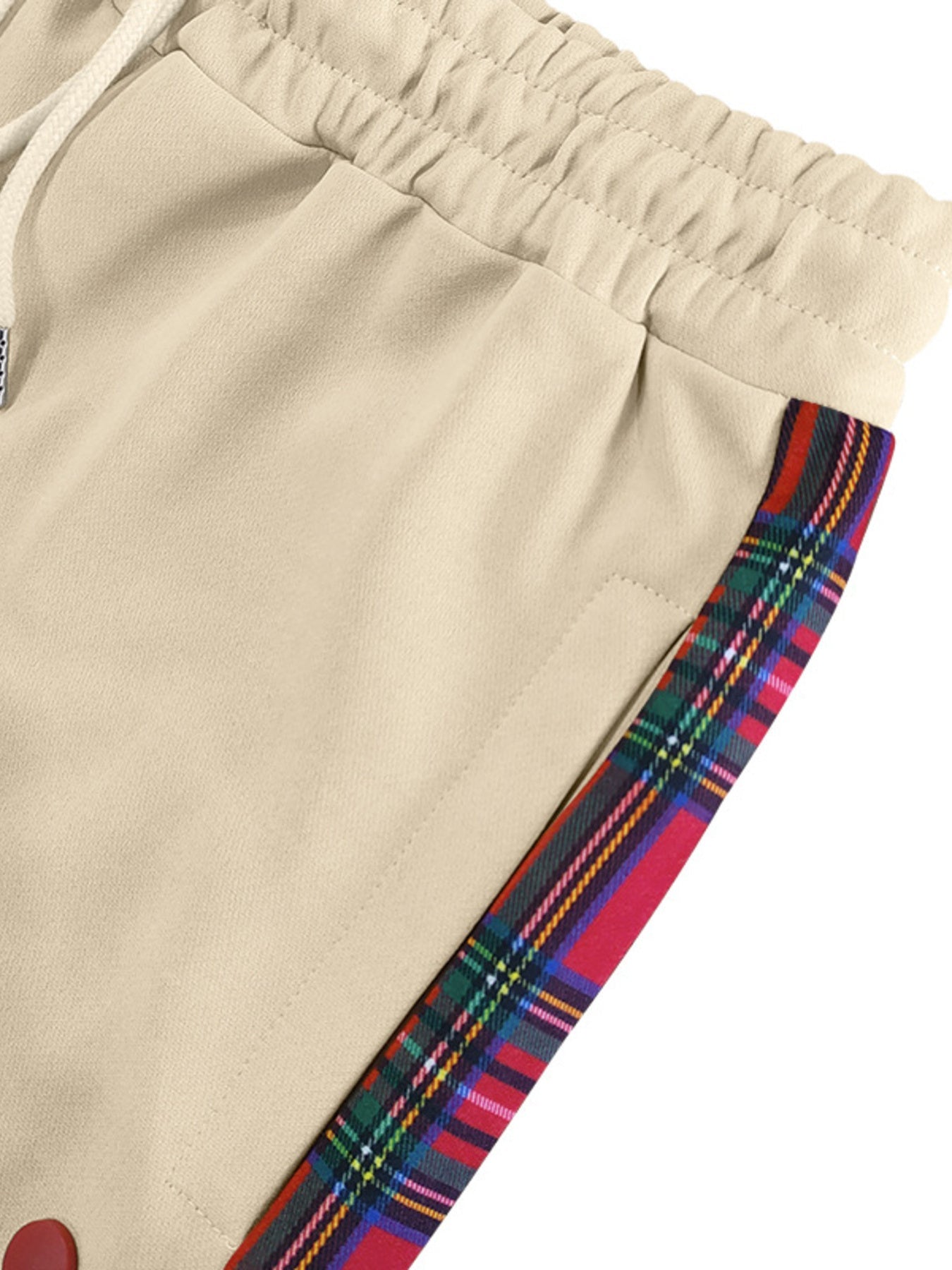 Men's full size plaid trim snap-button track pants by Shopimist, shown in plus size with stylish plaid accents and comfortable fit.