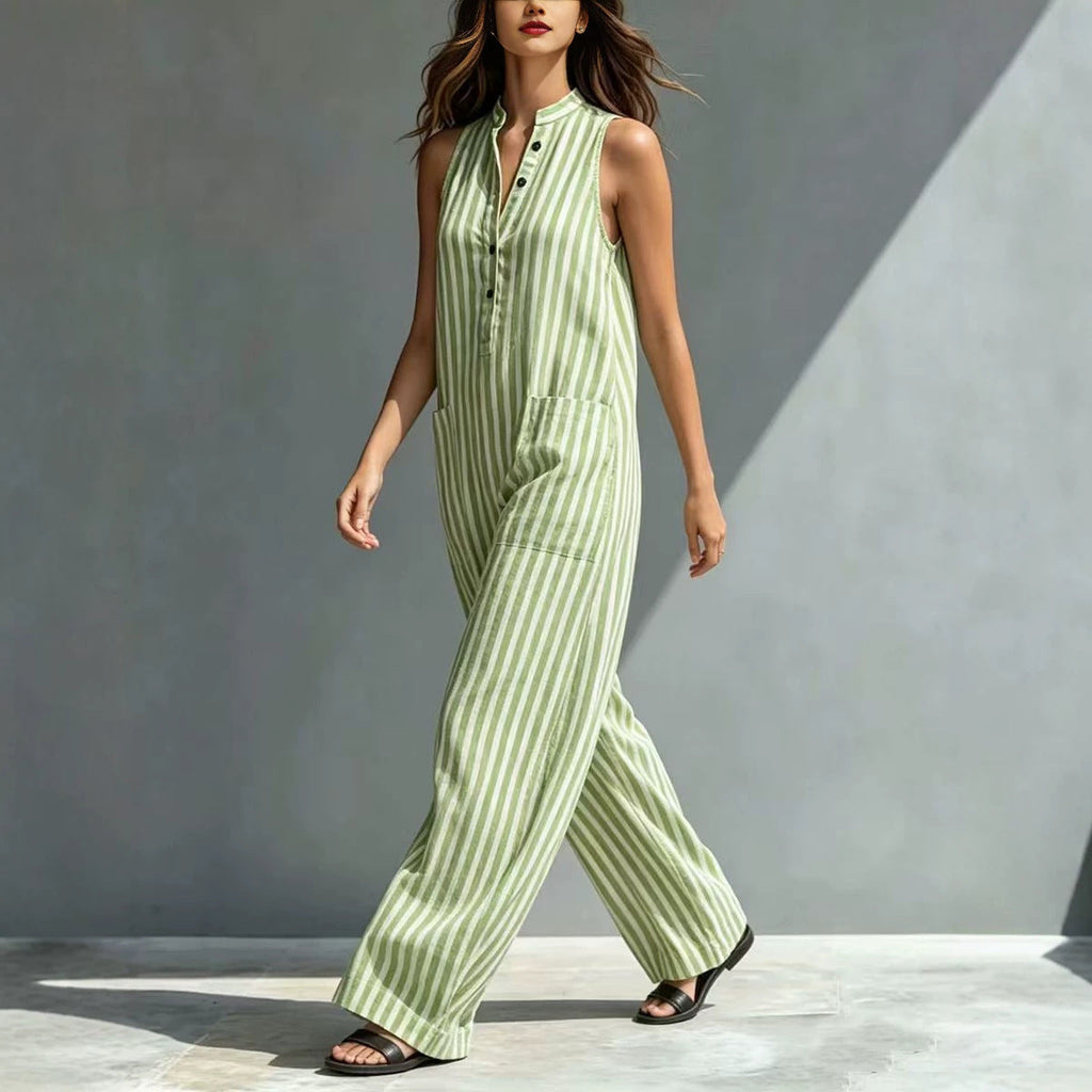 V-neck sleeveless striped cropped jumpsuit by FitiqueFit, featuring a loose fit and available in three colors.
