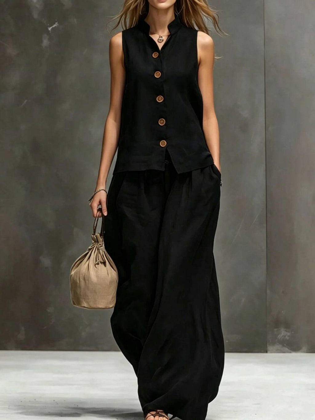 Women's sleeveless cotton linen vest and wide-leg pants two-piece set by FitiqueFit, shown in a stylish, casual outfit.