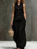 Women's sleeveless cotton linen vest and wide-leg pants two-piece set by FitiqueFit, shown in a stylish, casual outfit.