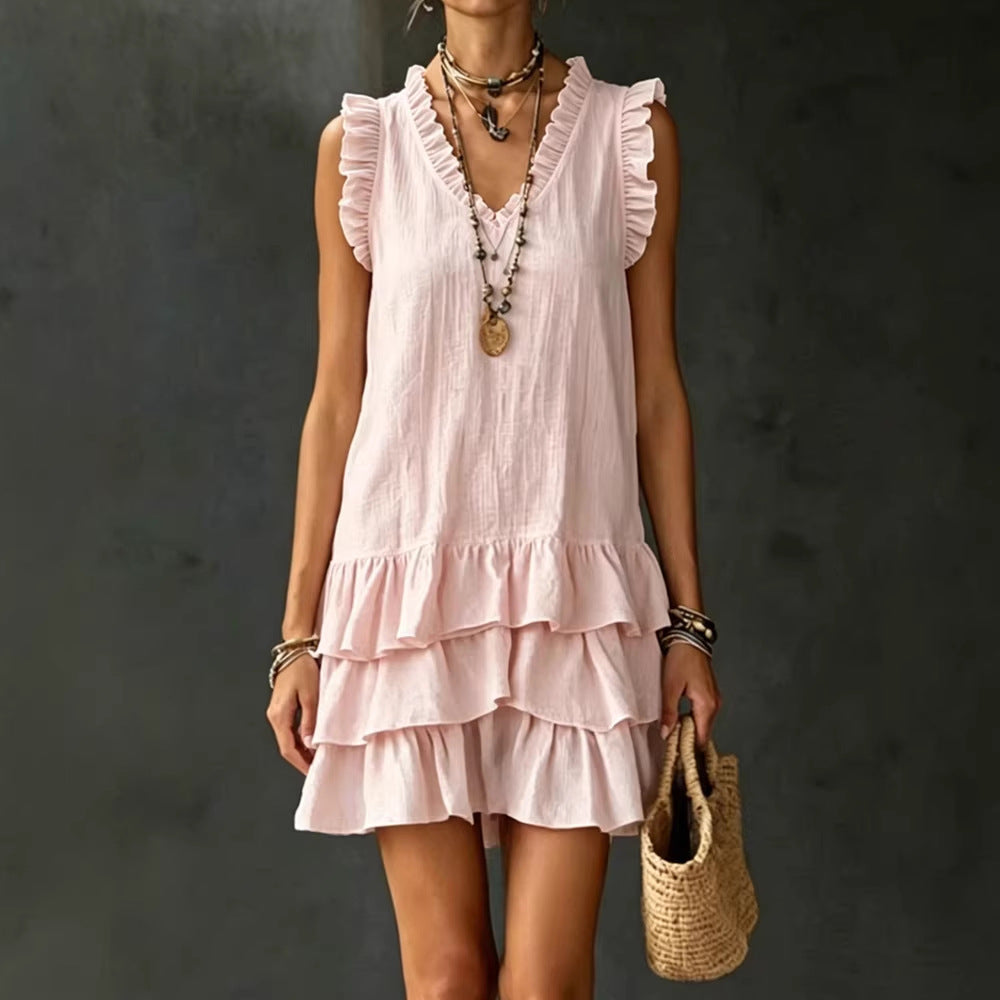 V-neck ruffle-trim tiered sleeveless midi dress by FitiqueFit in four colors, showcasing flowy fabric and casual style.