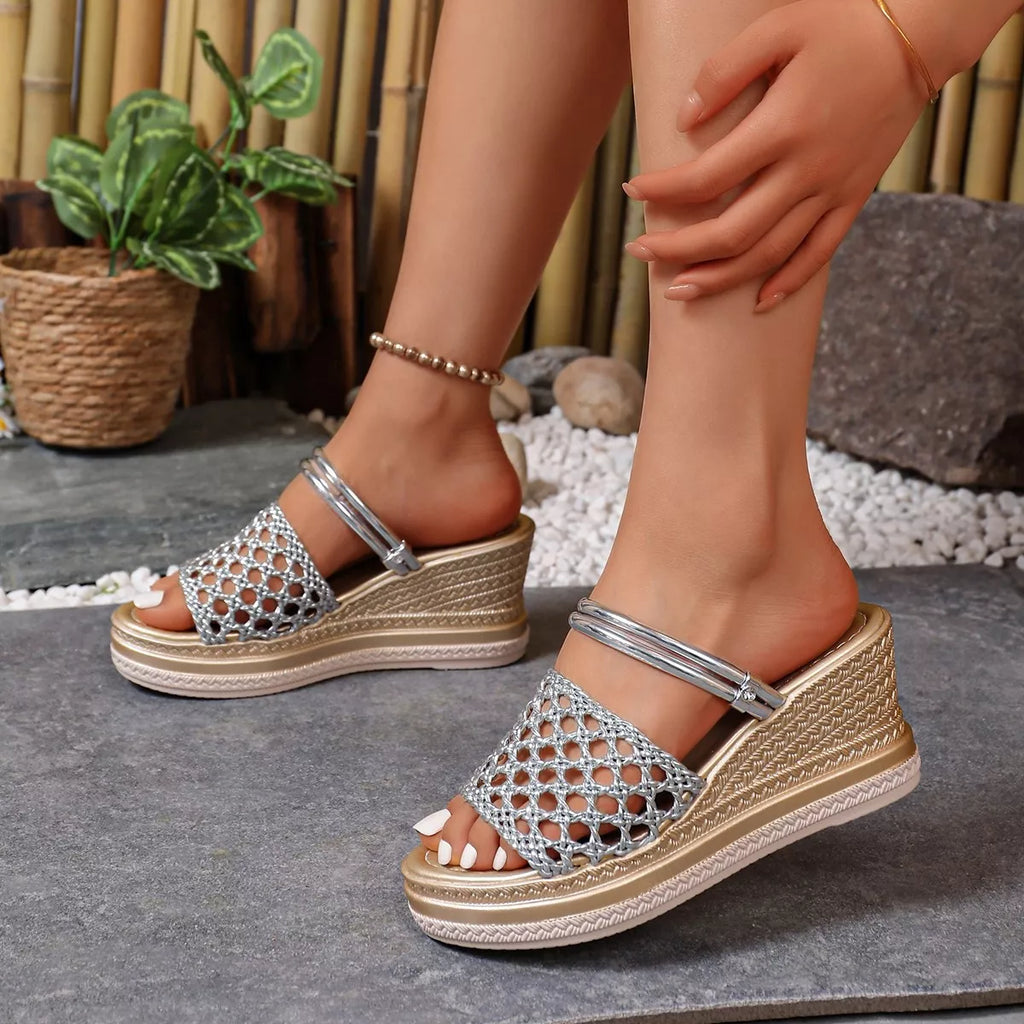Open toe wedge sandals by Shopimist featuring a tan leather strap and sturdy cork heel for stylish summer wear.