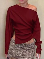 Asymmetrical off-shoulder long sleeve T-shirt from Shopimist, featuring a stylish cut and relaxed fit, shown on a mannequin.