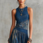 Women's Navy Blue Artistic Print Sleeveless Fitted Bodice Swing Maxi Dress