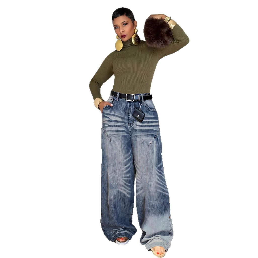 Relaxed Fit Faded Pleated Denim Jeans