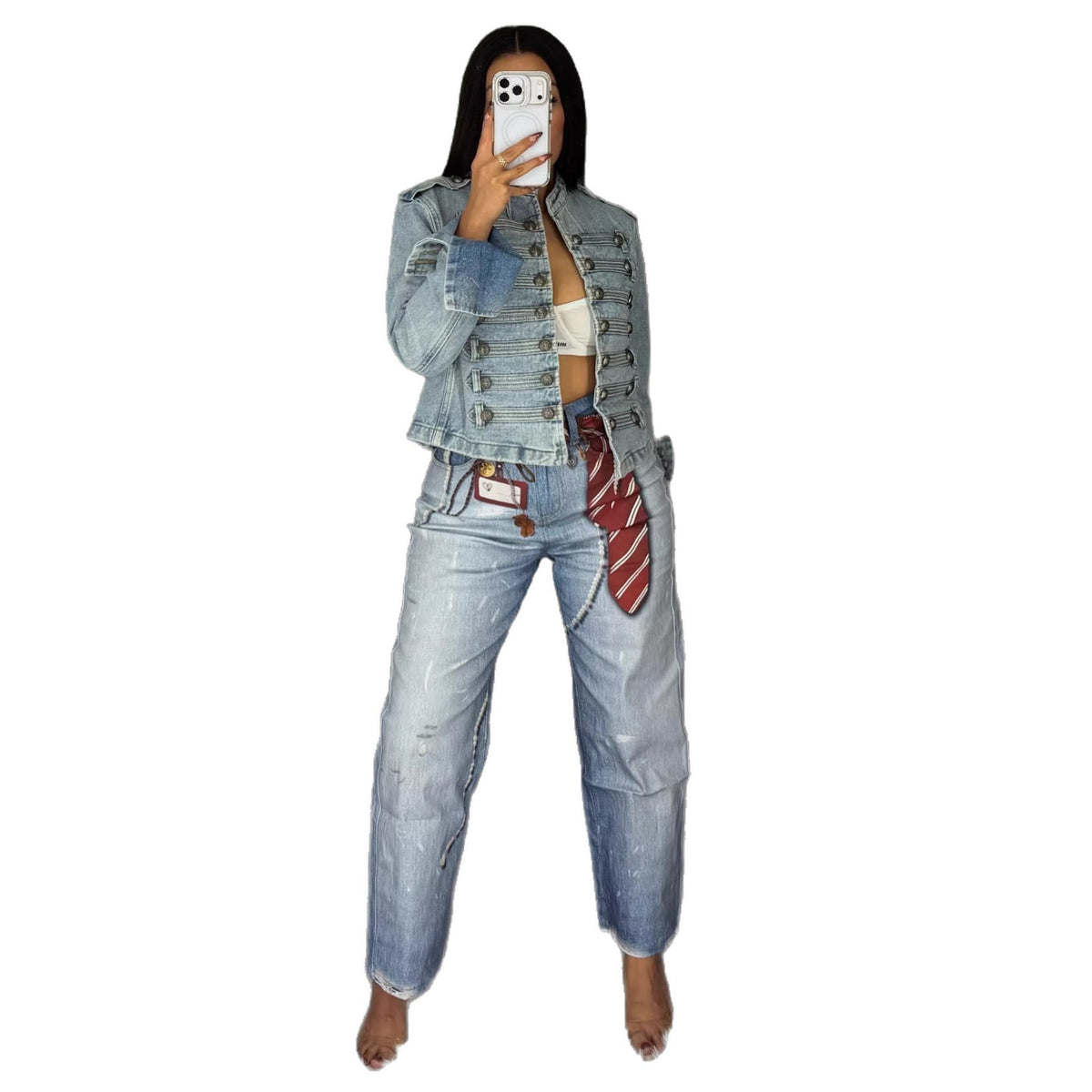Street style badge print dagger jeans by Plush Fashion Hub featuring edgy design and distressed denim details.