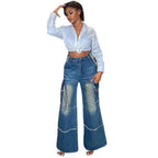 Straight-leg denim pants for women high-waisted wide-leg retro washed stylefashion casual jeans