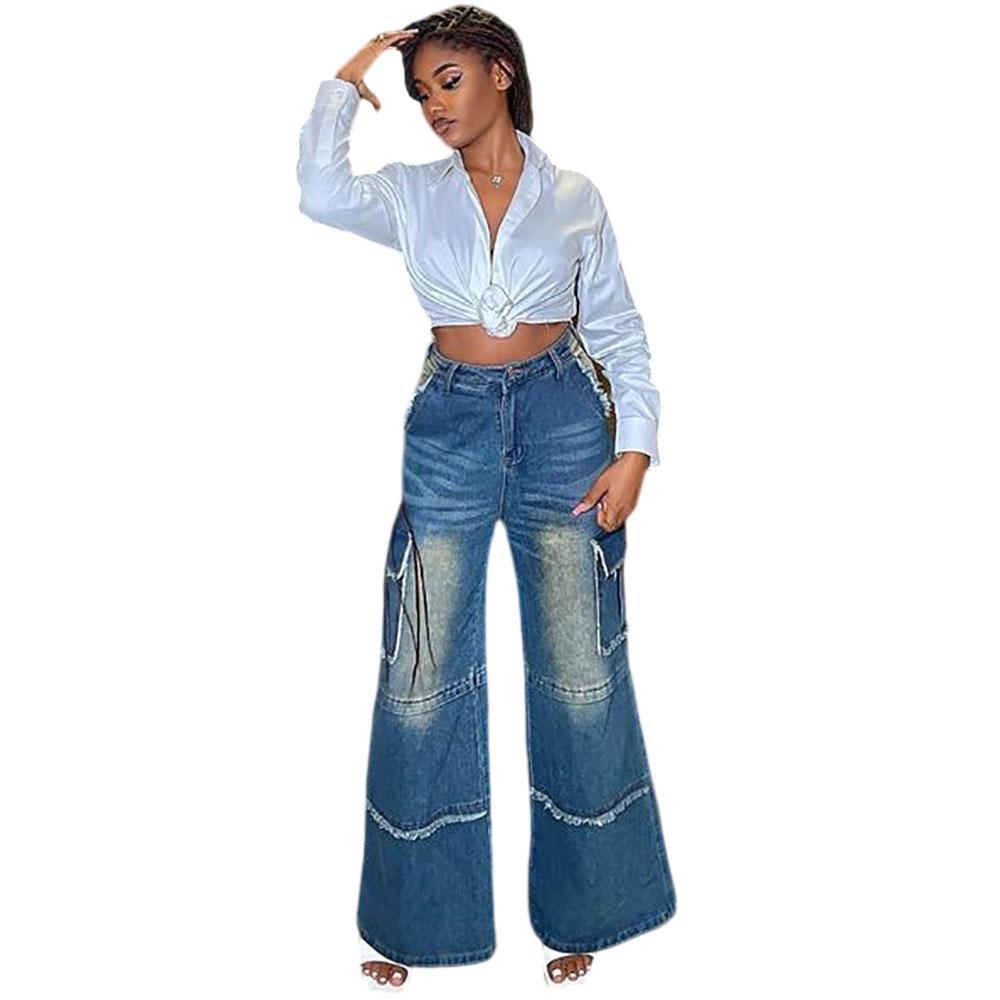 Women’s high-waisted straight-leg denim pants by Plush Fashion Hub with a washed retro finish, casual and stylish for everyday wear.