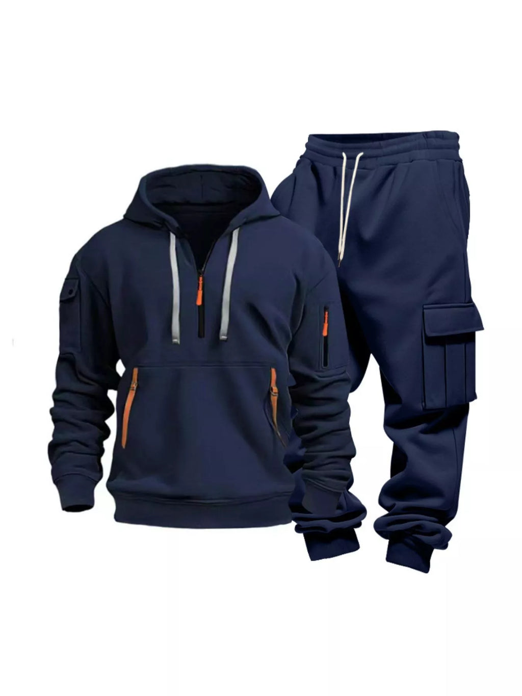 Plus size men's hoodie and cargo pants set by Shopimist, featuring a full zip hoodie and matching cargo pants for a casual look.