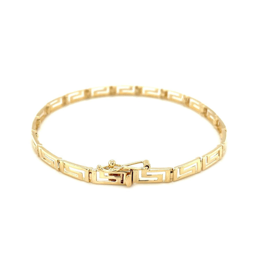 14k yellow gold Greek fret design fancy bracelet with intricate pattern, showcasing elegant craftsmanship and luxurious style.