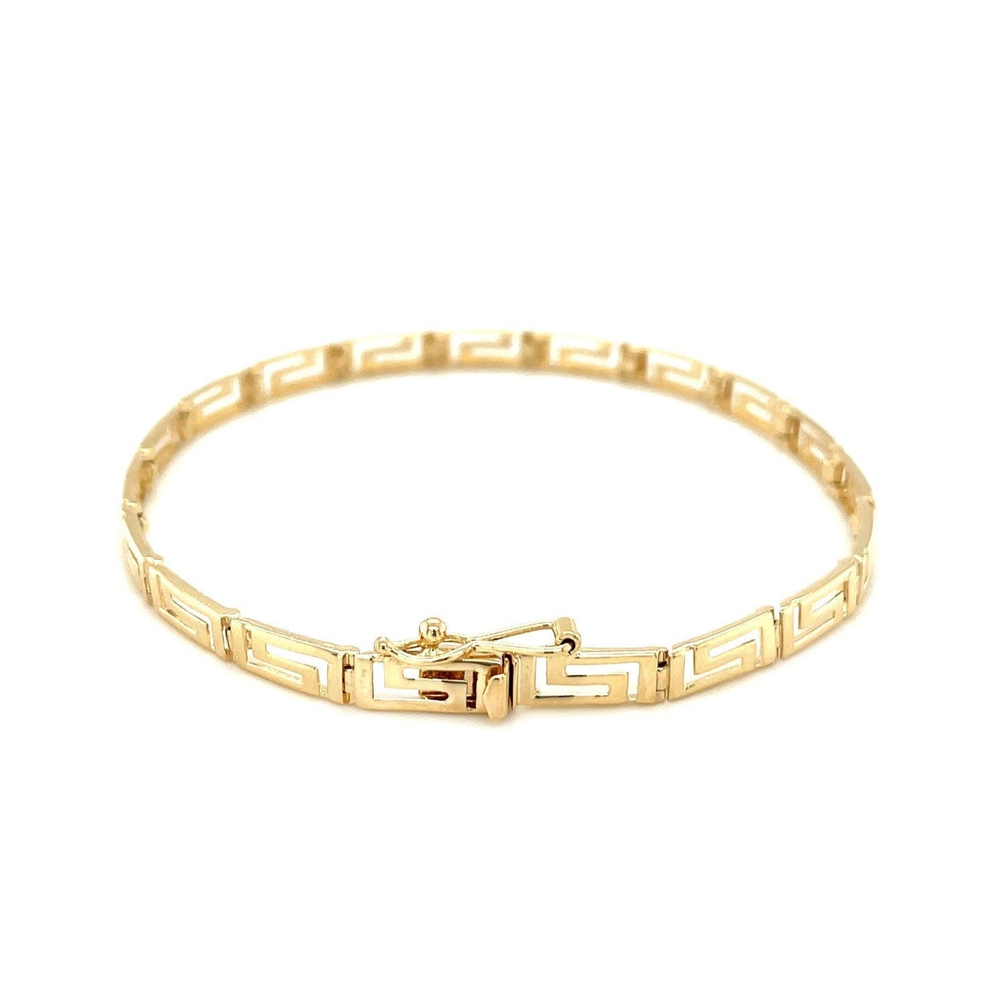 14k yellow gold Greek fret design fancy bracelet with intricate pattern, showcasing elegant craftsmanship and luxurious style.